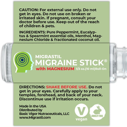 Migraine Stick with Magnesium. Cooling Peppermint Eucalyptus Essential Oil Topical Magnesium for Headache Support. Made in the USA 10 Ml