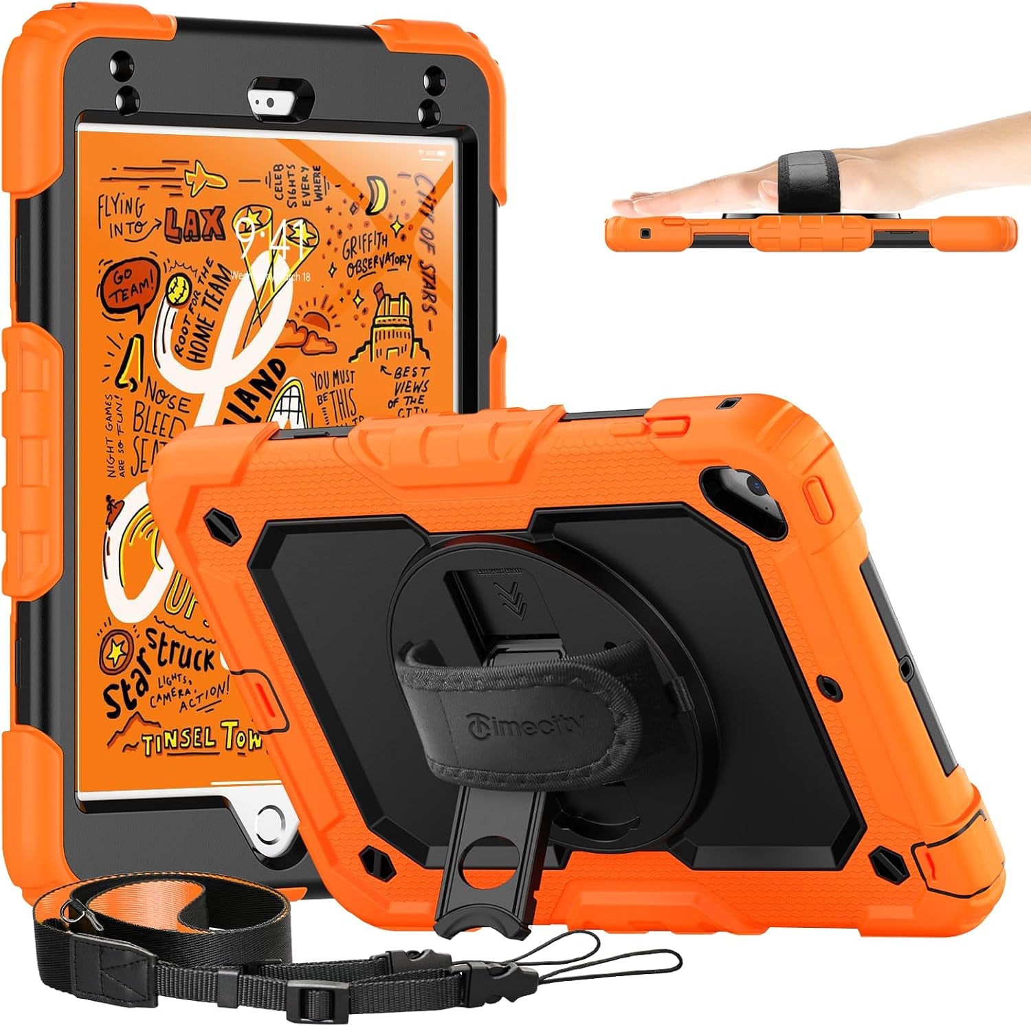 for Ipad Mini 5Th/4Th Generation Case 7.9'', for Ipad Mini 5/ Mini 4, Heavy Duty with Screen Protector, Kickstand Hand/Shoulder Strap Pencil Holder- Orange