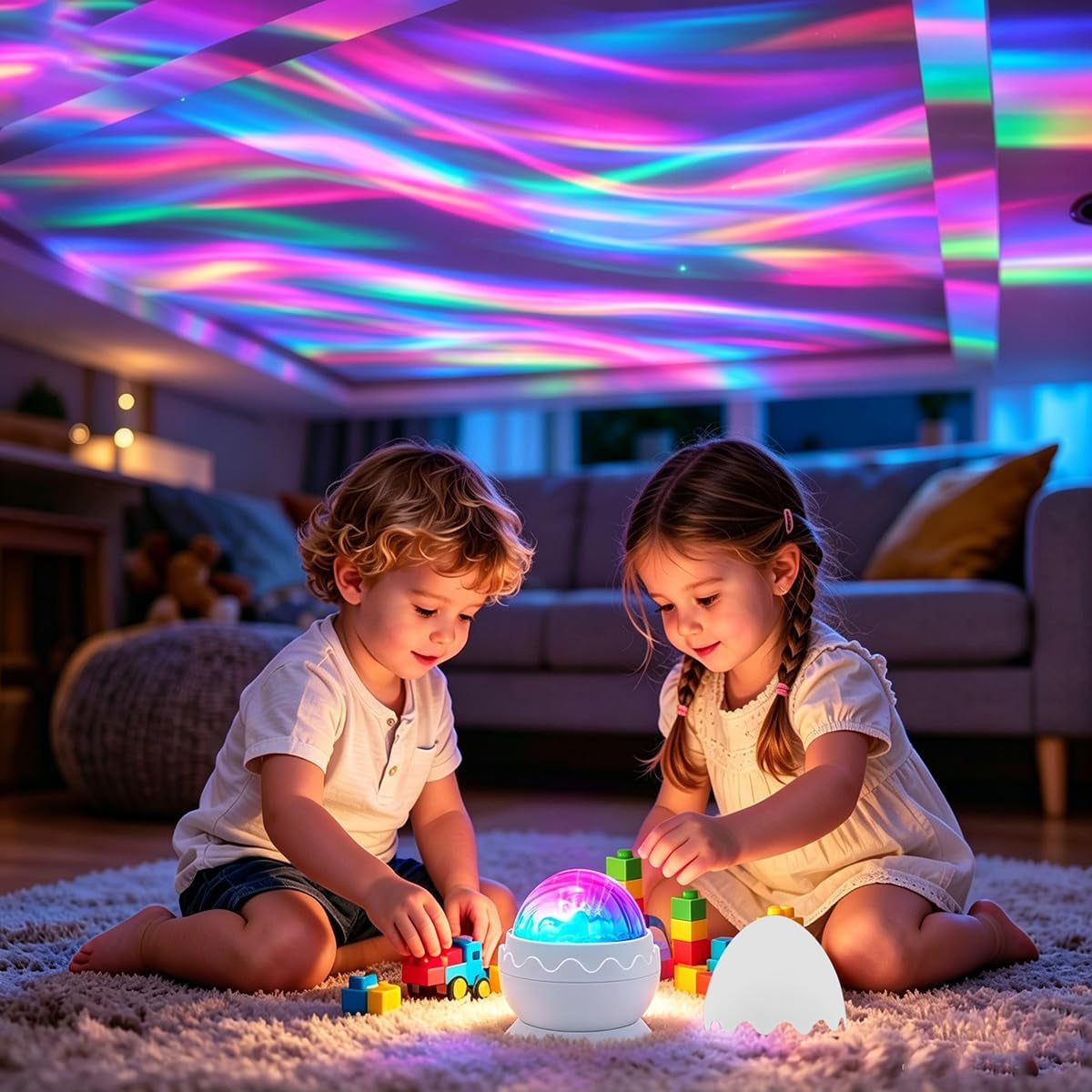Whole Room Coverage Area Northern Lights Projector Galaxy Aurora 8 Effects Combinations with Night Light Egg Cover for Bedroom Light Sleep (White)