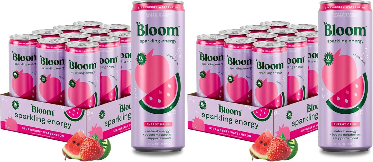 Bloom Nutrition Sparkling Energy Drink, Zero Sugar, 180Mg Caffeine | Strawberry Watermelon | 12Oz | 24 Pack | Antioxidant-Rich