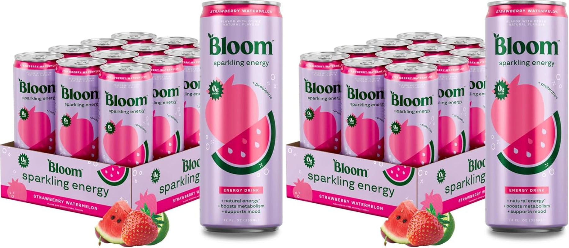 Bloom Nutrition Sparkling Energy Drink, Zero Sugar, 180Mg Caffeine | Strawberry Watermelon | 12Oz | 24 Pack | Antioxidant-Rich