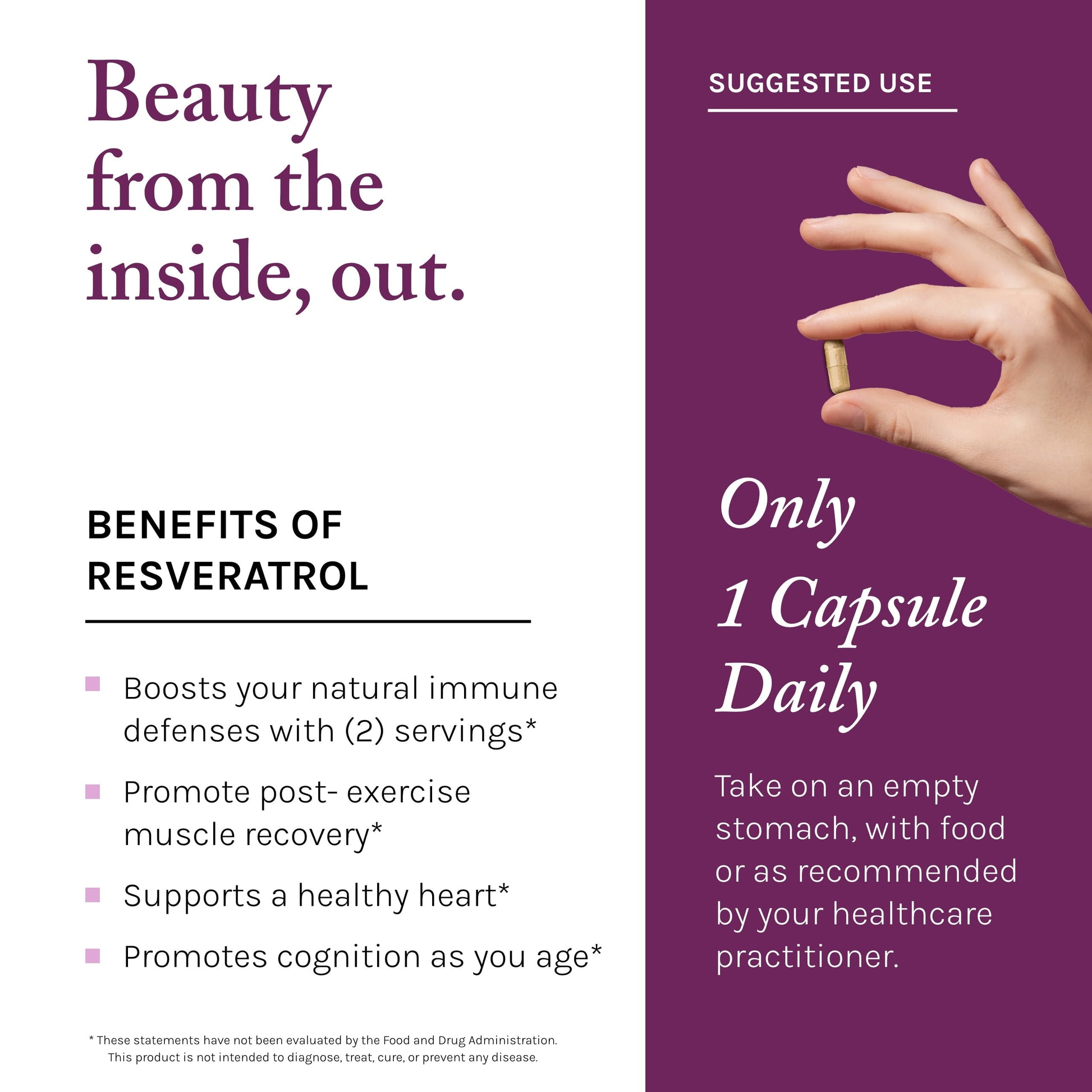 Reserveage Beauty, Resveratrol 500 Mg with Pterostilbene, Antioxidant Supplement for Immune Support & Heart Health, Supports Healthy Aging, Paleo, Keto, 60 Capsules (60 Servings)