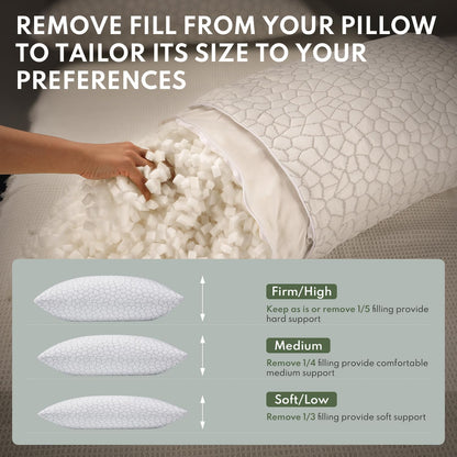 Pillows Queen Size Set of 2 - Cooling Shredded Memory Foam Pillow for Sleeping 2 Pack, Adjustable Cool Bed Pillows for Side, Back, and Stomach Sleepers, Gel Pillow Washable Removable Cover