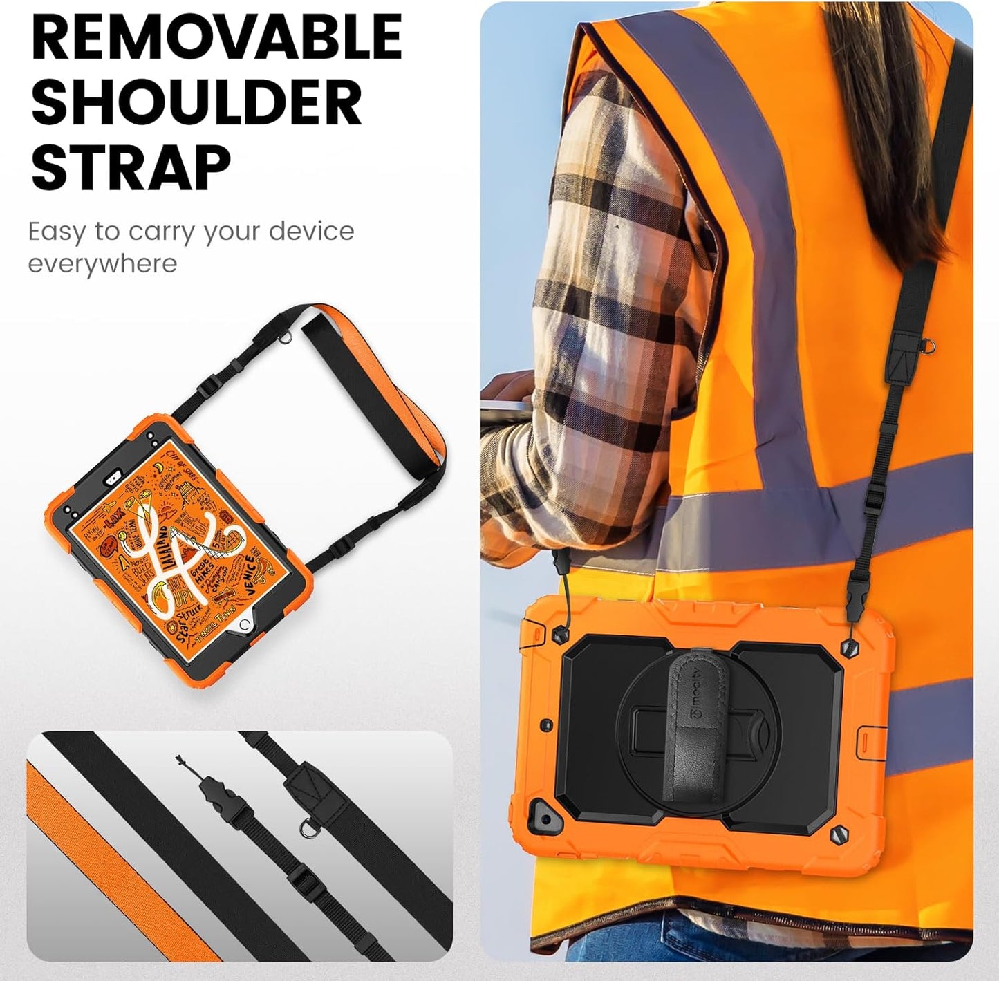 for Ipad Mini 5Th/4Th Generation Case 7.9'', for Ipad Mini 5/ Mini 4, Heavy Duty with Screen Protector, Kickstand Hand/Shoulder Strap Pencil Holder- Orange
