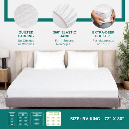 RV King Waterproof Mattress Pad - Fitted Mattress Protector with Quilted Pillow Top Mattress Topper - Premium Quality Hypoallergenic Mattress Cover (72'X80')