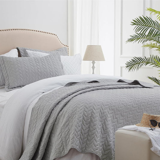 Queen Quilt Bedding Set, Lightweight Comforter Bedspreads Coverlets, Full Queen Size Quilt, Luxury Durable Quilted Stitching Bed Cover with 2 Shams All Season 3Pcs, Light Grey