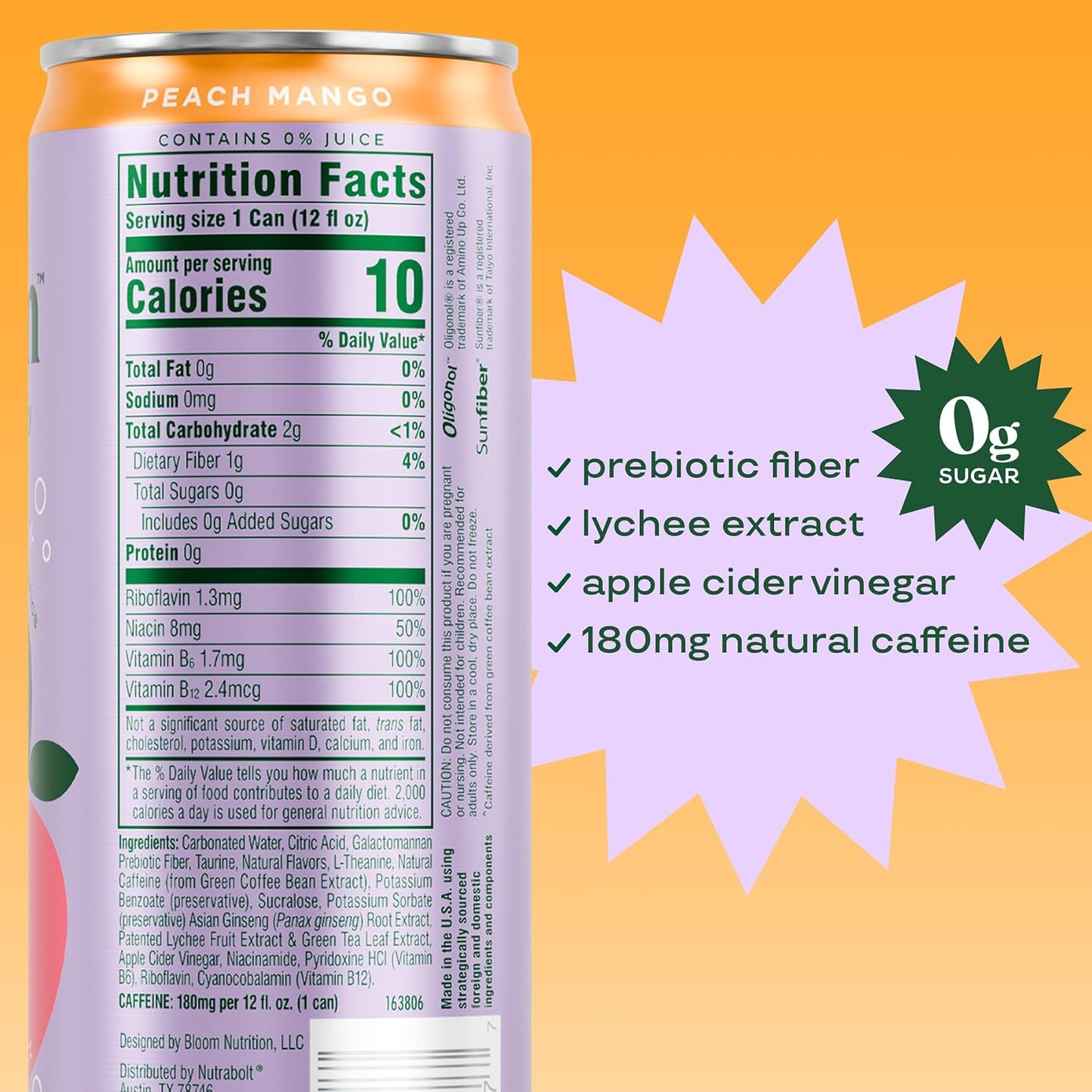 Bloom Nutrition Sparkling Energy Drink, Peach Mango | Zero Sugar | 180Mg Caffeine | for Focus | 24 Pack