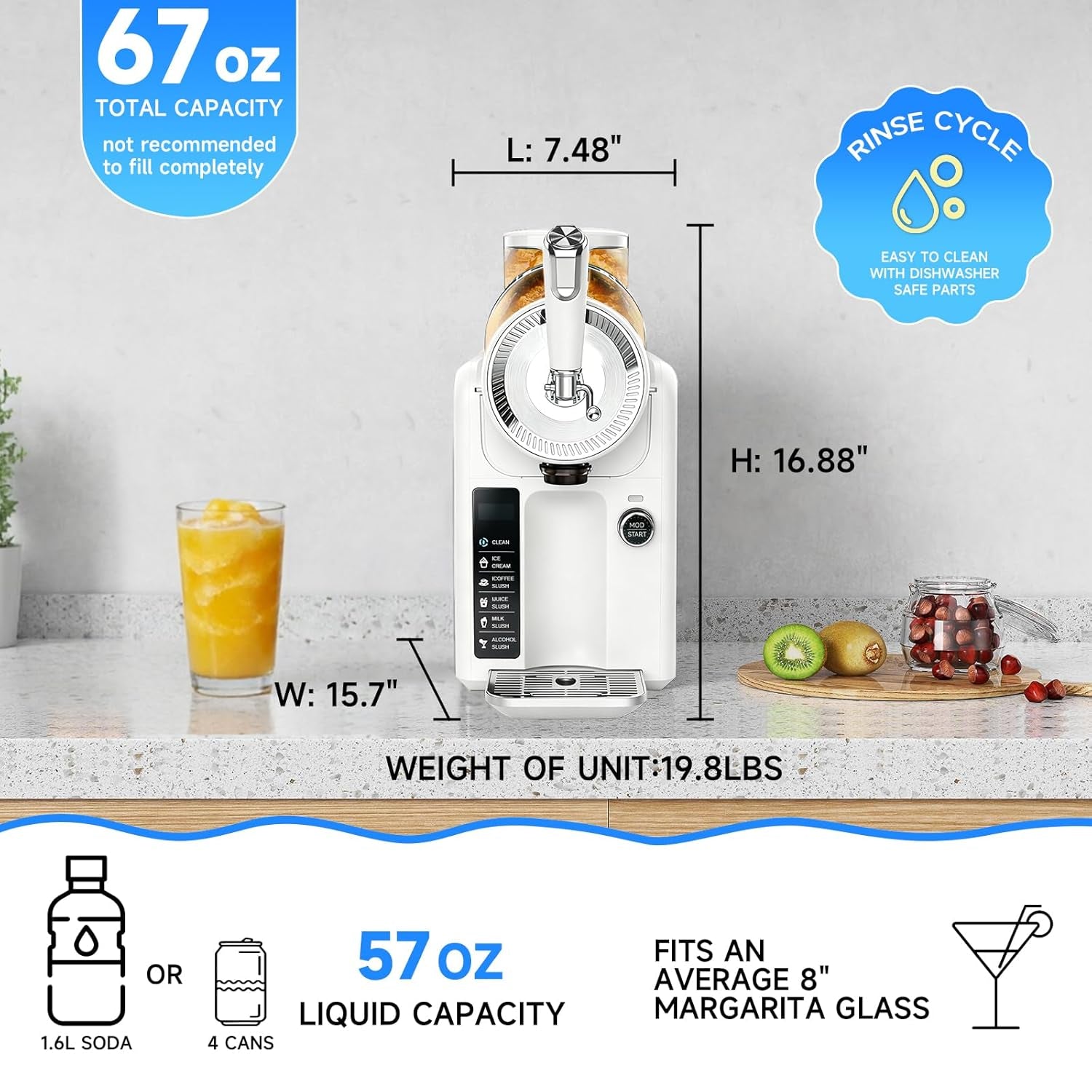 Slushie Machine for Home, No Ice Needed Slushy Machine & Frozen Drink Machine, 6 Presets, Real-Time Temp Display, Auto-Clean Slushy Maker Machine for Margaritas, Frappes, Milkshakes, Party Size(White)