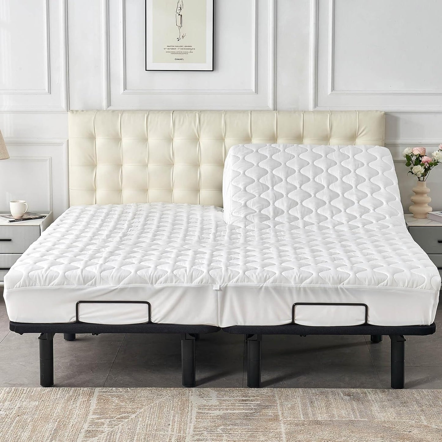Quilted 28-30" Split Top California King Mattress Protector Pad for Adjustable Beds with Upper Flex Head Waterproof Padded Topper Noiseless Fitted Matress Cover