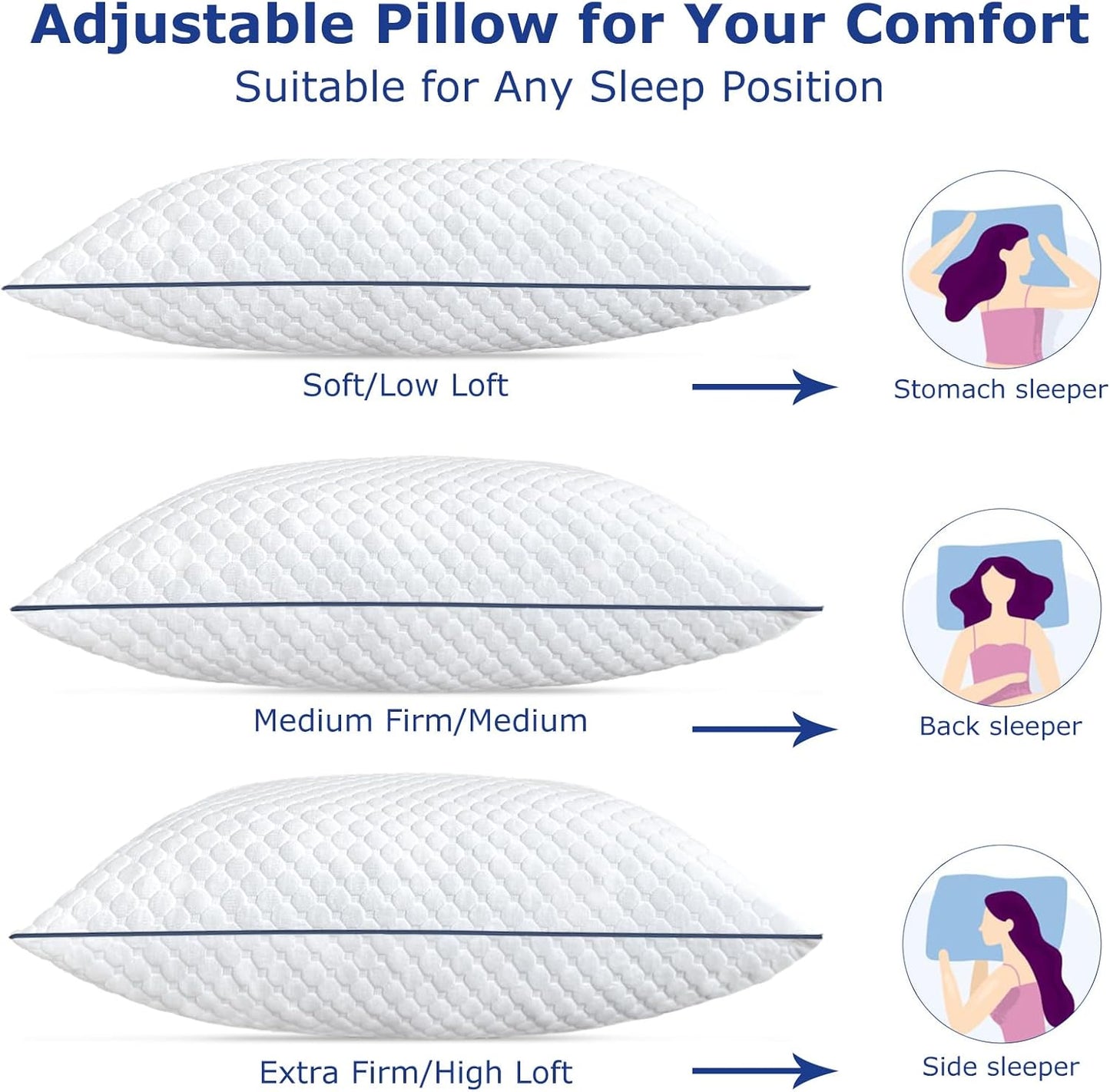 Shredded Memory Foam Pillows King Size Set of 2, King Pillows for Sleeping 2 Pack, Adjustable Firm Pillows for Side Back Stomach Sleepers, Washable Support Bed Pillows