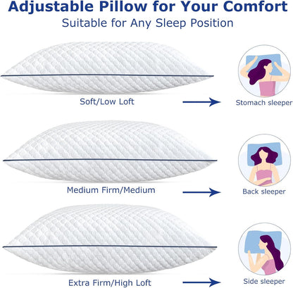 Shredded Memory Foam Pillows King Size Set of 2, King Pillows for Sleeping 2 Pack, Adjustable Firm Pillows for Side Back Stomach Sleepers, Washable Support Bed Pillows