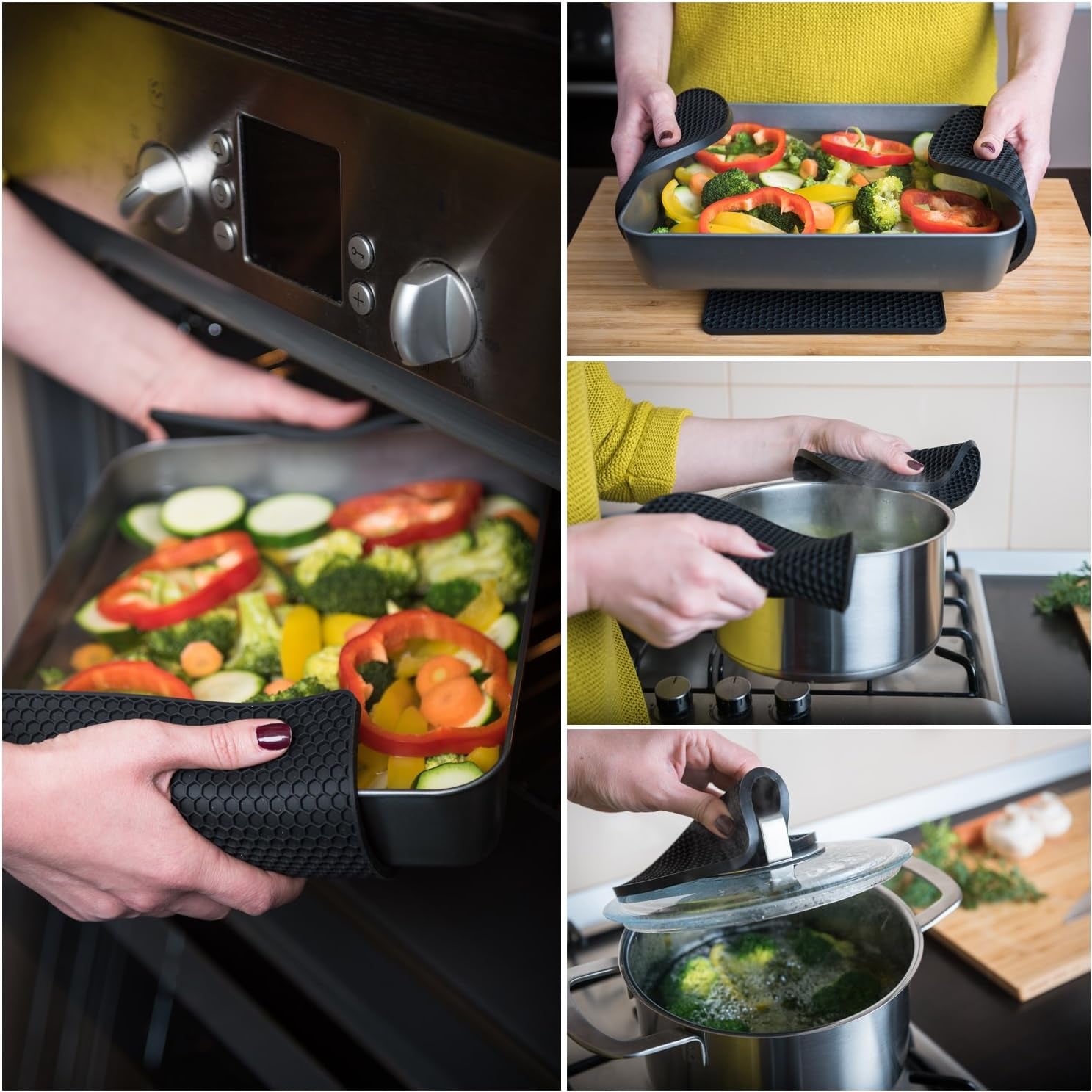 Silicone Trivet for Hot Dishes. Silicone Pot Holders Are Heat Resistant Mats for Countertop up to 440°F, Multipurpose - Non Slip Jar Opener Hot Disher Spoon Rest Food Grade & BPA Free (Black)