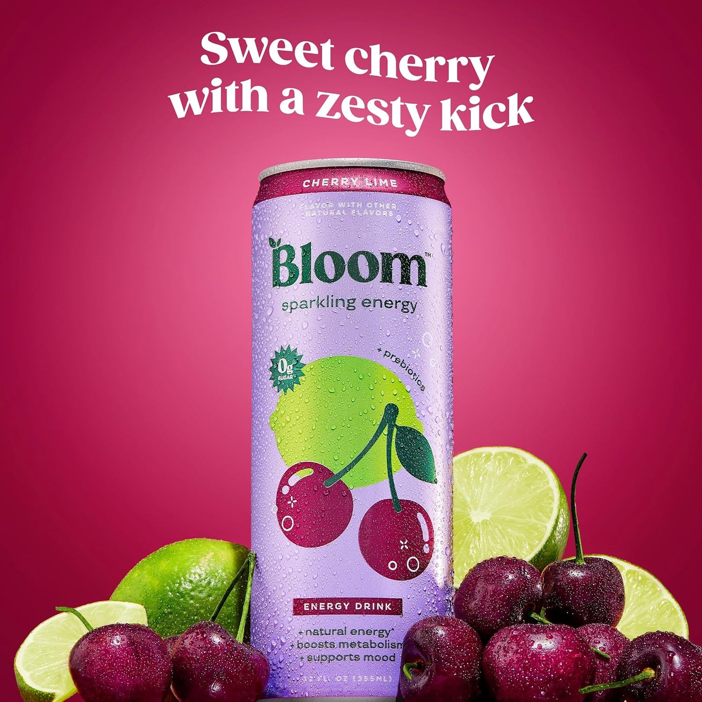 Bloom Nutrition Sparkling Energy Drink for Focus, Natural Caffeine, Zero Sugar, 180Mg Caffeine, Antioxidant-Rich with Green Coffee Bean, Green Tea Extract, & Prebiotics, Cherry Lime 12Oz (Pack of 24)