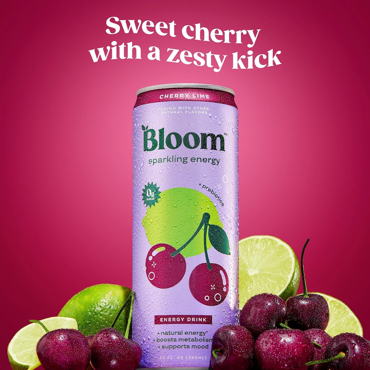 Bloom Nutrition Sparkling Energy Drink for Focus, Natural Caffeine, Zero Sugar, 180Mg Caffeine, Antioxidant-Rich with Green Coffee Bean, Green Tea Extract, & Prebiotics, Cherry Lime 12Oz (Pack of 24)