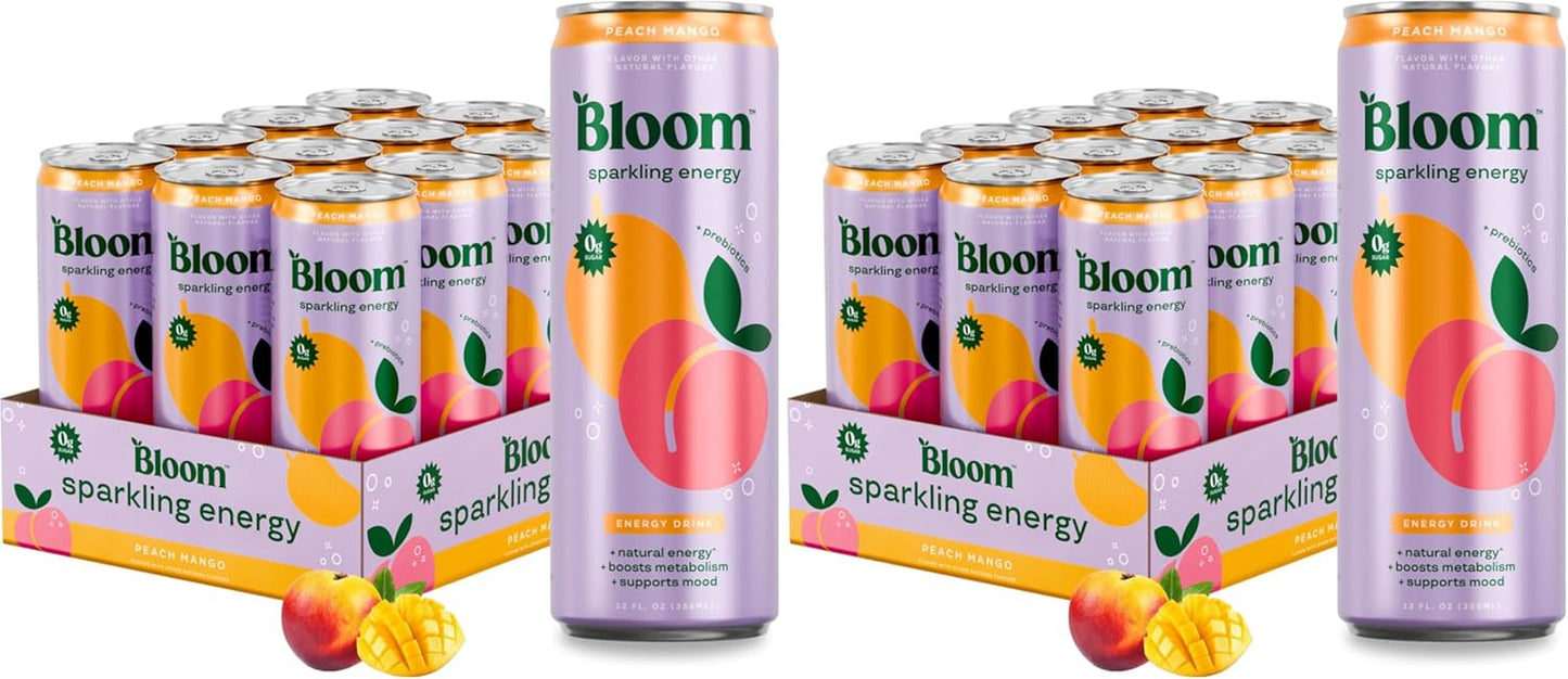 Bloom Nutrition Sparkling Energy Drink, Peach Mango | Zero Sugar | 180Mg Caffeine | for Focus | 24 Pack