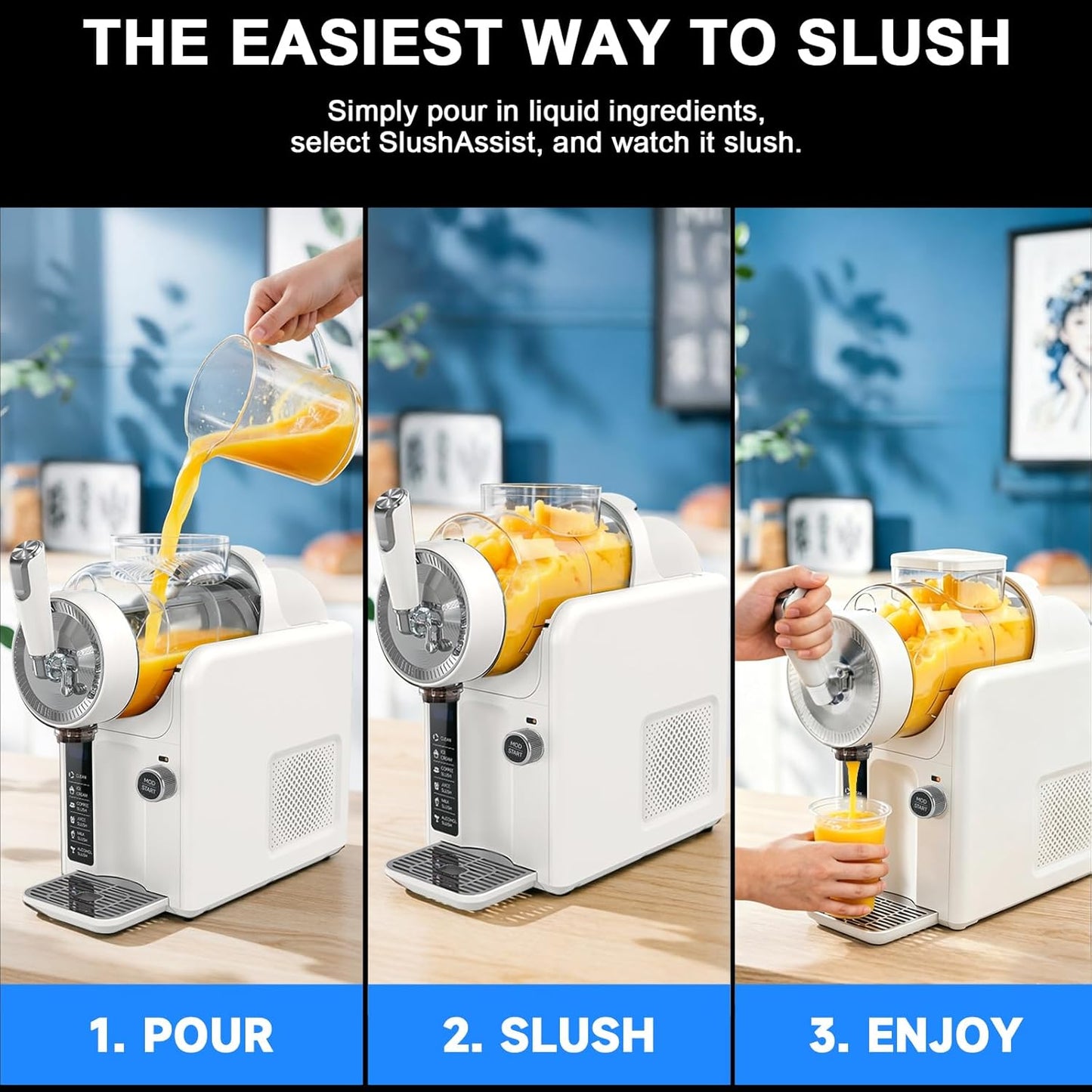 Slushie Machine for Home, No Ice Needed Slushy Machine & Frozen Drink Machine, 6 Presets, Real-Time Temp Display, Auto-Clean Slushy Maker Machine for Margaritas, Frappes, Milkshakes, Party Size(White)