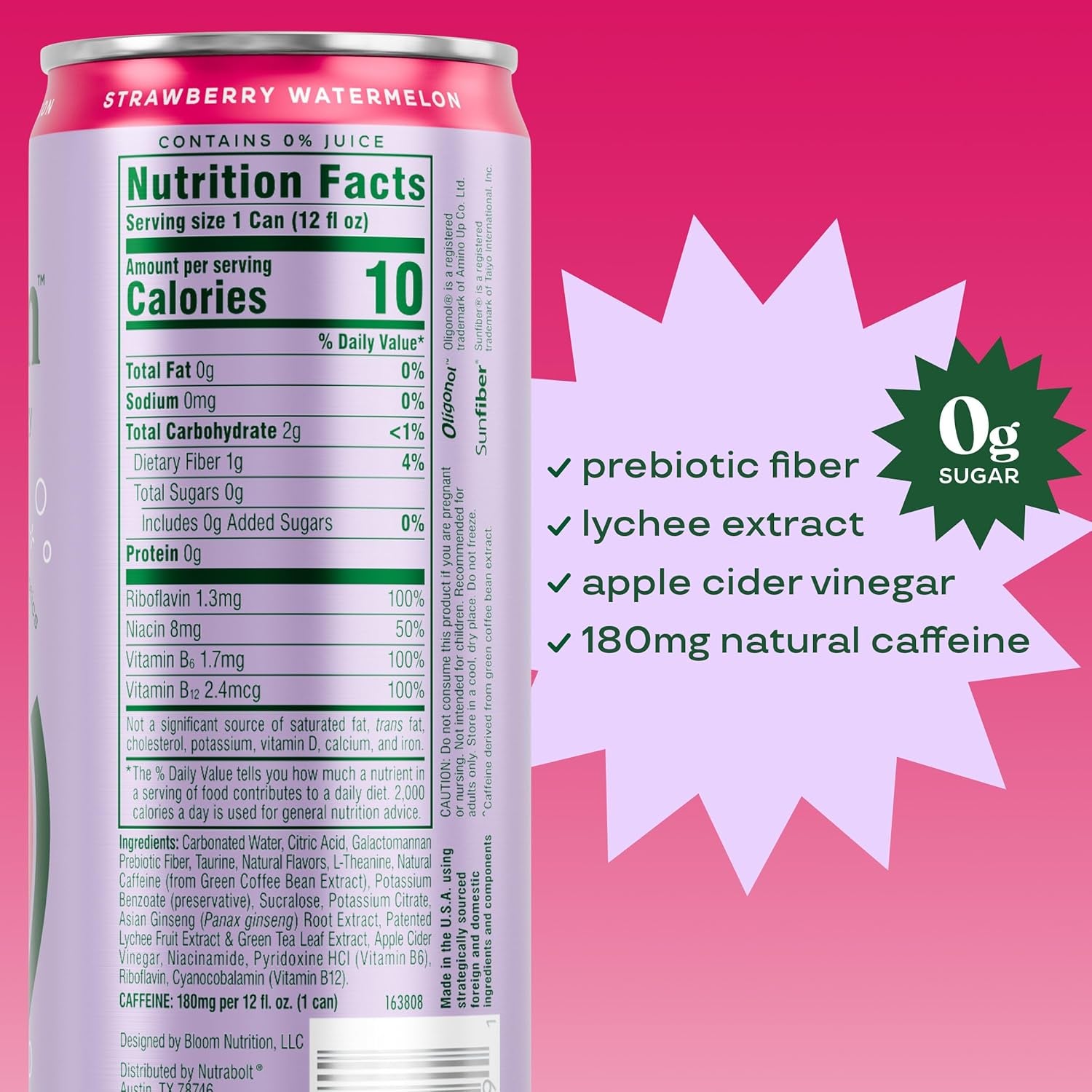 Bloom Nutrition Sparkling Energy Drink, Zero Sugar, 180Mg Caffeine | Strawberry Watermelon | 12Oz | 24 Pack | Antioxidant-Rich