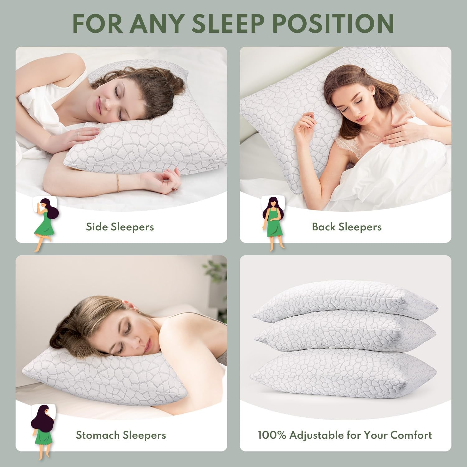 Pillows Queen Size Set of 2 - Cooling Shredded Memory Foam Pillow for Sleeping 2 Pack, Adjustable Cool Bed Pillows for Side, Back, and Stomach Sleepers, Gel Pillow Washable Removable Cover