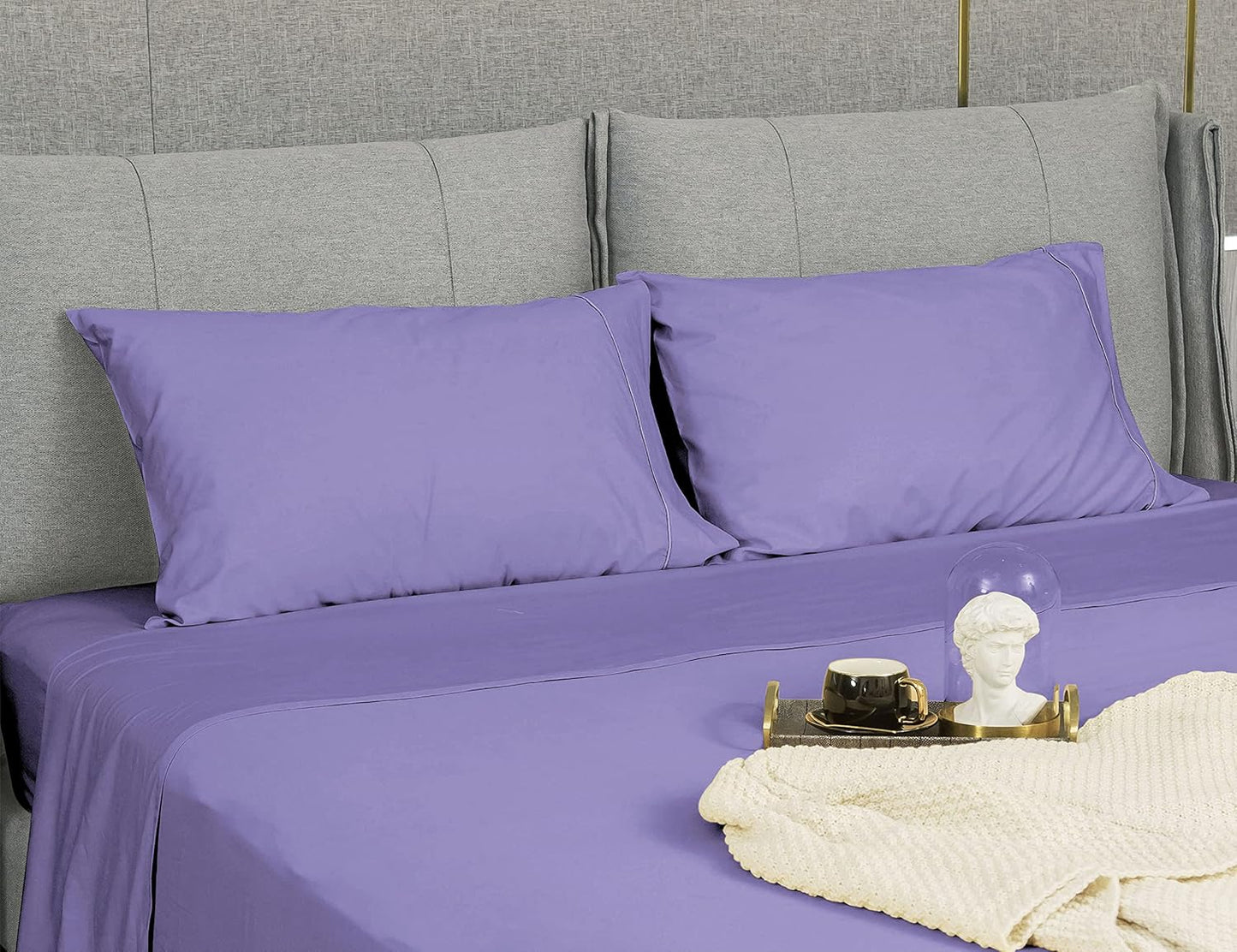 Pillow Cases King Set of 2, 100% Cotton King Pillowcases, 20×40 Inches with Silver Trim, Soft and Breathable, Solid Purple