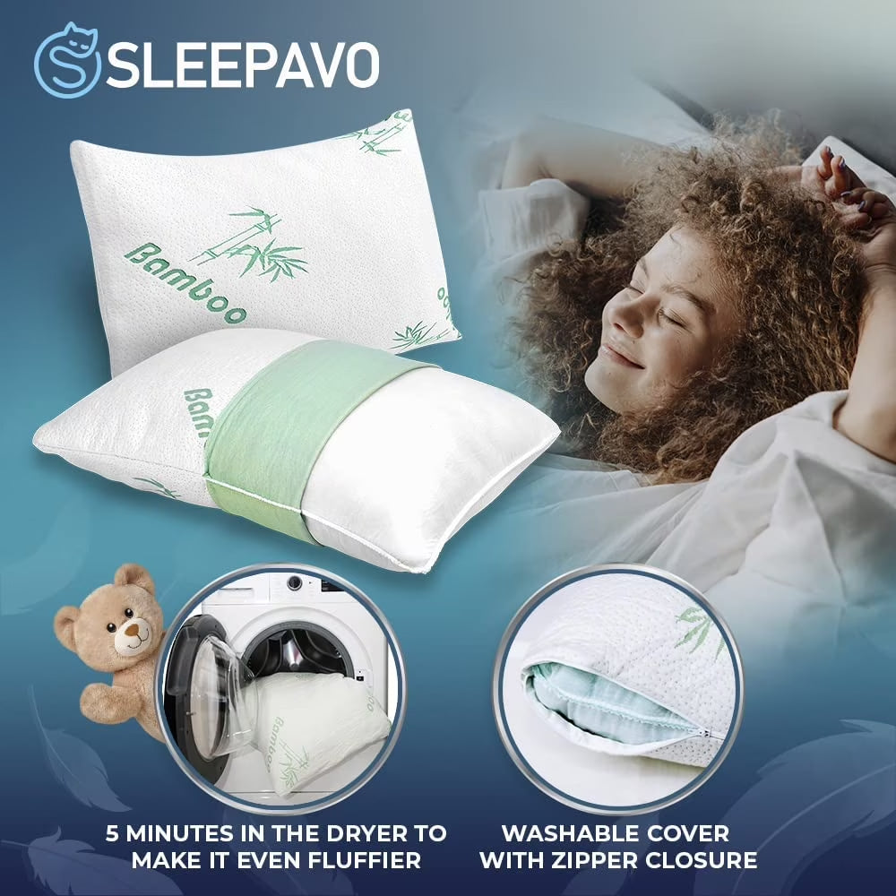 Memory Foam Pillows Queen Size Set of 2 - Cooling Bed Pillows for Sleeping - Back, Stomach, Side Sleeper Firm, Comfy Cool Shredded - 2 Pack, Rayon Derived from Bamboo for Adult, Teen, Kids