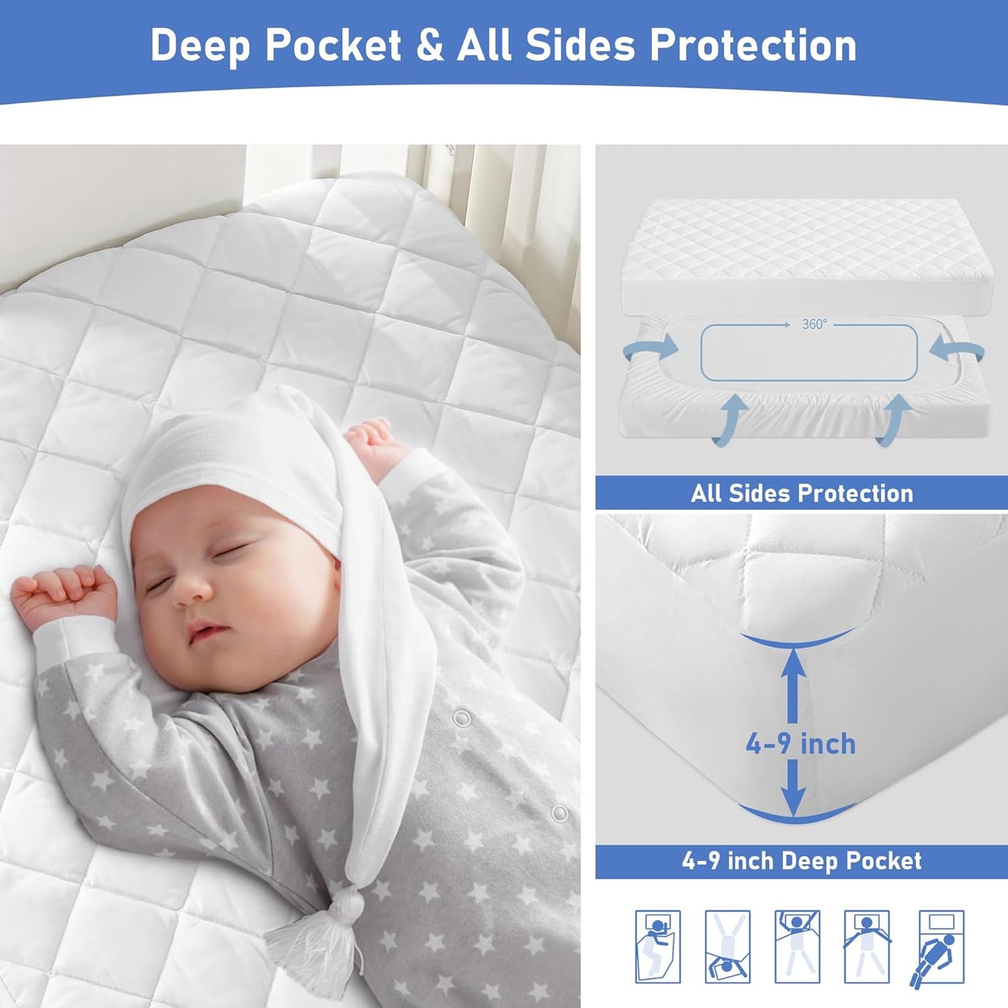 2 Pack Waterproof Crib Mattress Protector, Quilted Baby Mattress Cover Fitted Deep Pocket from 4" up to 9", Extra Soft Breathable & Noiseless Toddler Mattress Pad 52"X28", White