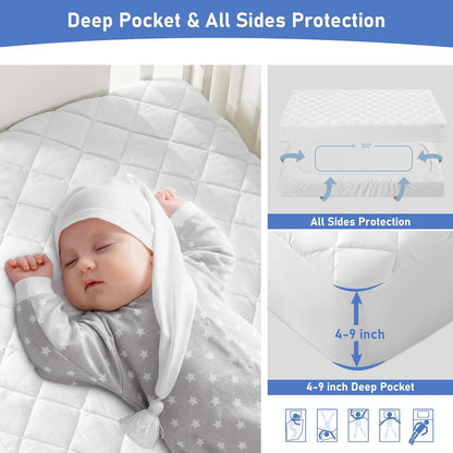 2 Pack Waterproof Crib Mattress Protector, Quilted Baby Mattress Cover Fitted Deep Pocket from 4" up to 9", Extra Soft Breathable & Noiseless Toddler Mattress Pad 52"X28", White