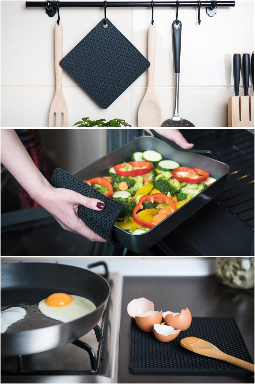 Silicone Trivet for Hot Dishes. Silicone Pot Holders Are Heat Resistant Mats for Countertop up to 440°F, Multipurpose - Non Slip Jar Opener Hot Disher Spoon Rest Food Grade & BPA Free (Black)