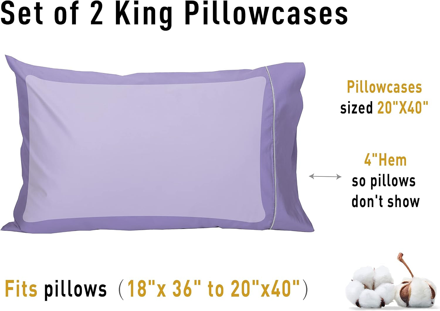 Pillow Cases King Set of 2, 100% Cotton King Pillowcases, 20×40 Inches with Silver Trim, Soft and Breathable, Solid Purple