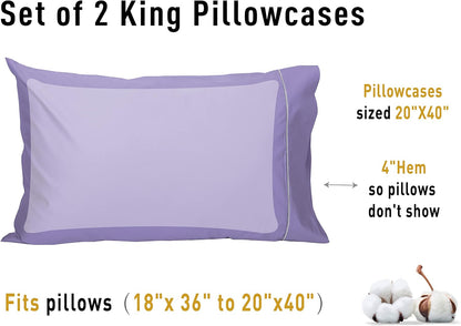 Pillow Cases King Set of 2, 100% Cotton King Pillowcases, 20×40 Inches with Silver Trim, Soft and Breathable, Solid Purple