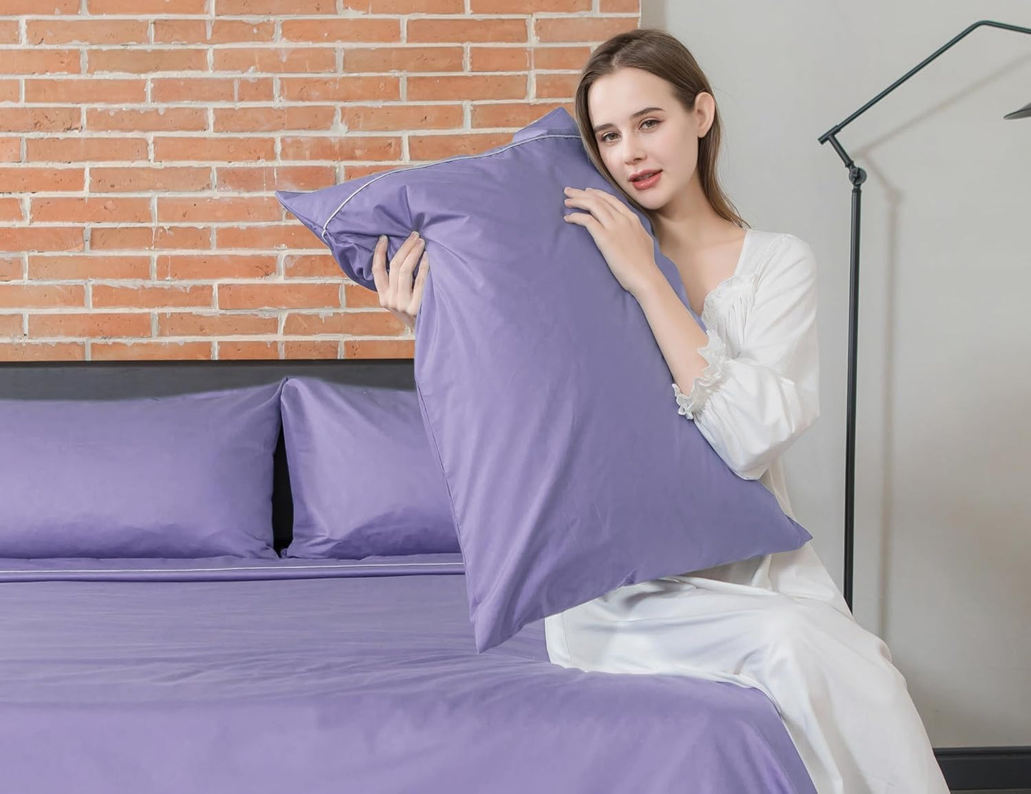 Pillow Cases King Set of 2, 100% Cotton King Pillowcases, 20×40 Inches with Silver Trim, Soft and Breathable, Solid Purple