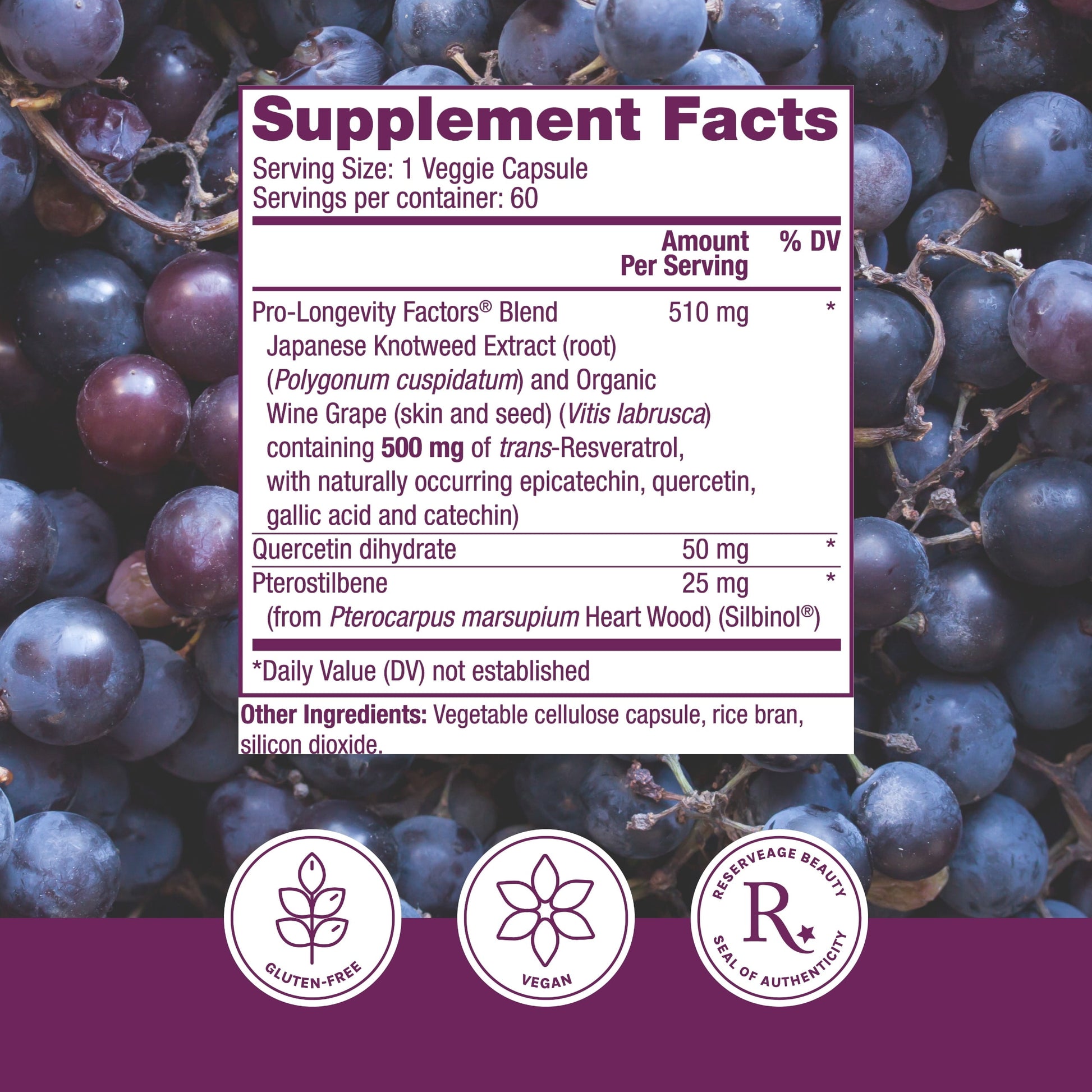Reserveage Beauty, Resveratrol 500 Mg with Pterostilbene, Antioxidant Supplement for Immune Support & Heart Health, Supports Healthy Aging, Paleo, Keto, 60 Capsules (60 Servings)