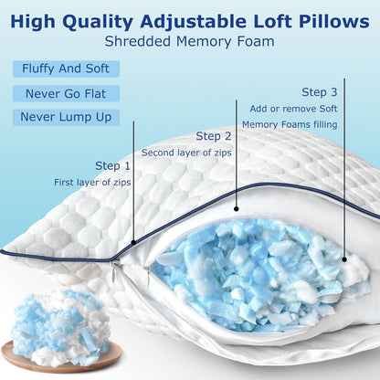 Shredded Memory Foam Pillows King Size Set of 2, King Pillows for Sleeping 2 Pack, Adjustable Firm Pillows for Side Back Stomach Sleepers, Washable Support Bed Pillows