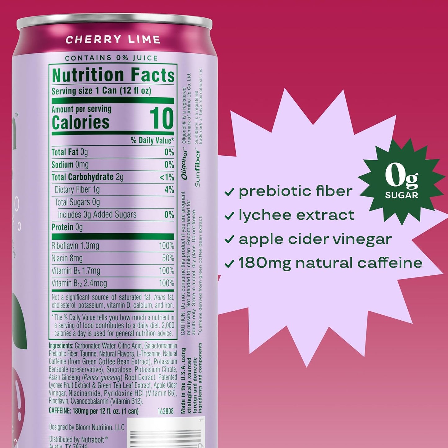 Bloom Nutrition Sparkling Energy Drink for Focus, Natural Caffeine, Zero Sugar, 180Mg Caffeine, Antioxidant-Rich with Green Coffee Bean, Green Tea Extract, & Prebiotics, Cherry Lime 12Oz (Pack of 24)