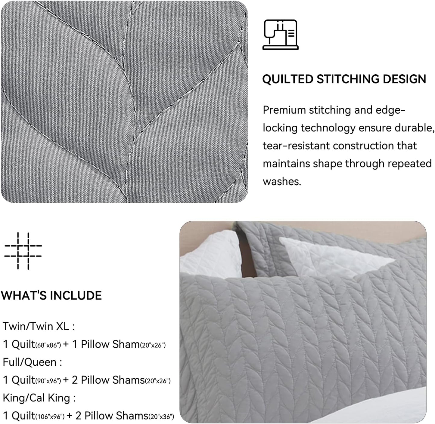 Queen Quilt Bedding Set, Lightweight Comforter Bedspreads Coverlets, Full Queen Size Quilt, Luxury Durable Quilted Stitching Bed Cover with 2 Shams All Season 3Pcs, Light Grey