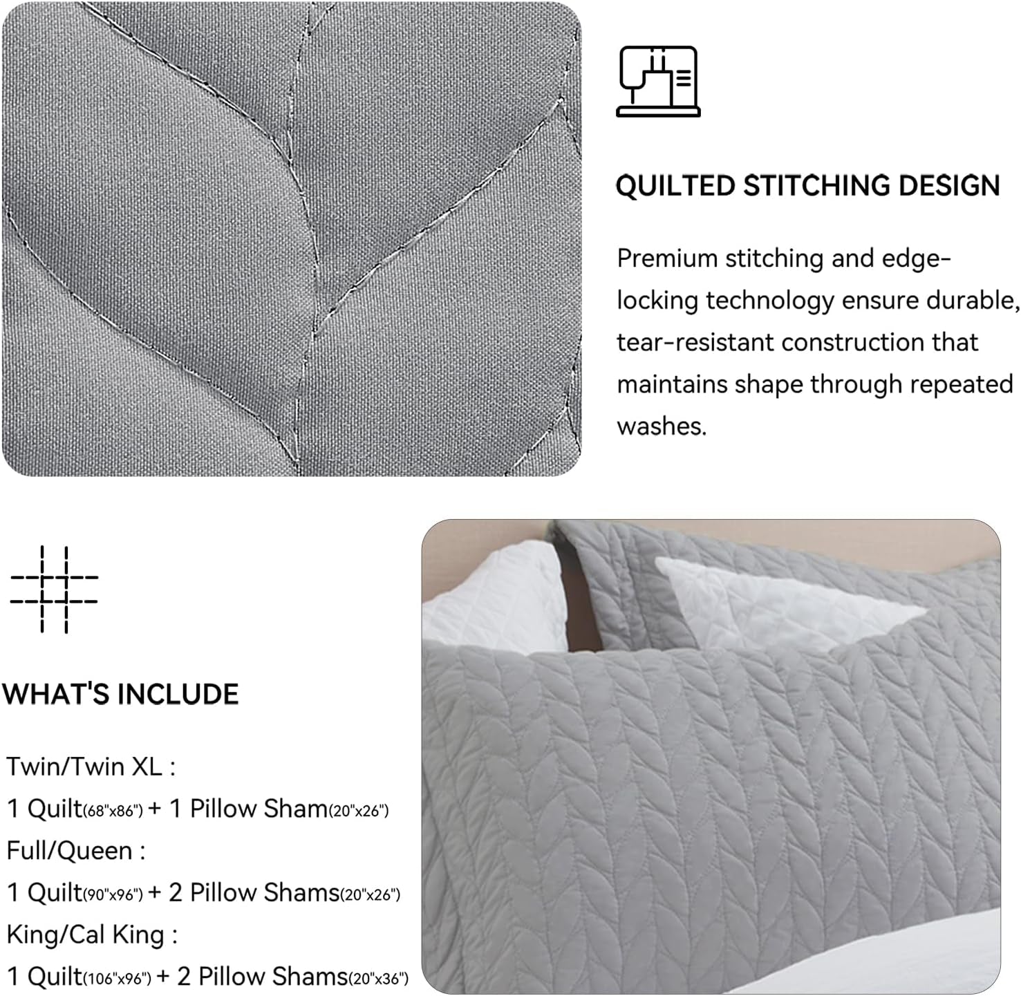 Queen Quilt Bedding Set, Lightweight Comforter Bedspreads Coverlets, Full Queen Size Quilt, Luxury Durable Quilted Stitching Bed Cover with 2 Shams All Season 3Pcs, Light Grey
