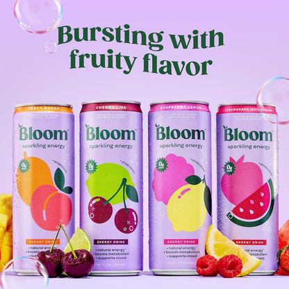 Bloom Nutrition Sparkling Energy Drink - Variety Pack - Natural Caffeine, Zero Sugar, 180Mg Caffeine - Antioxidant-Rich with Green Coffee Bean, Green Tea Extract, Prebiotics - 12Oz 12 Pack