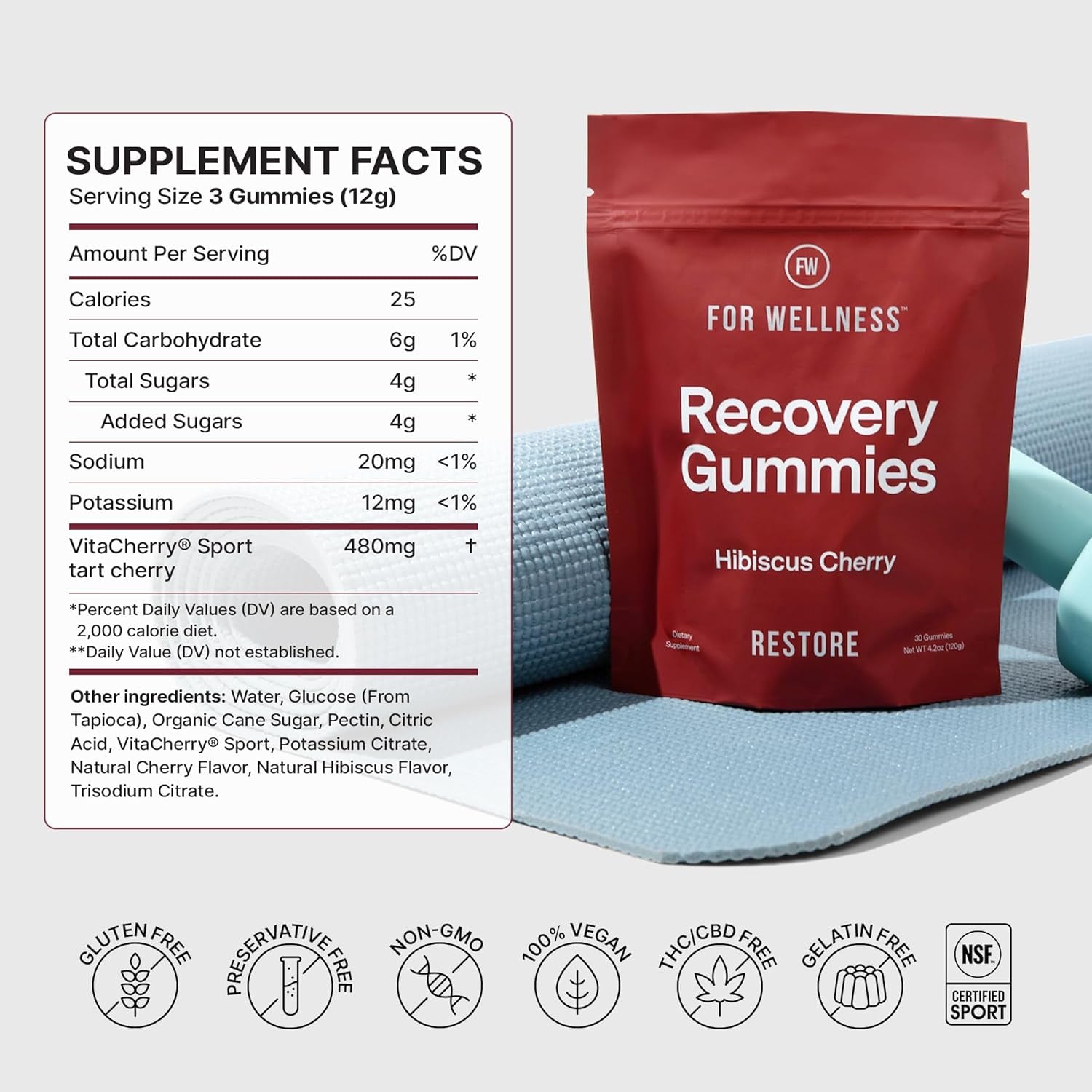 Recovery Gummies Restore | Tart Cherry Energy Supplements with Electrolytes for Muscle Soreness, Post-Workout Performance & Recovery | Vegan, Non-Gmo, 30 Count