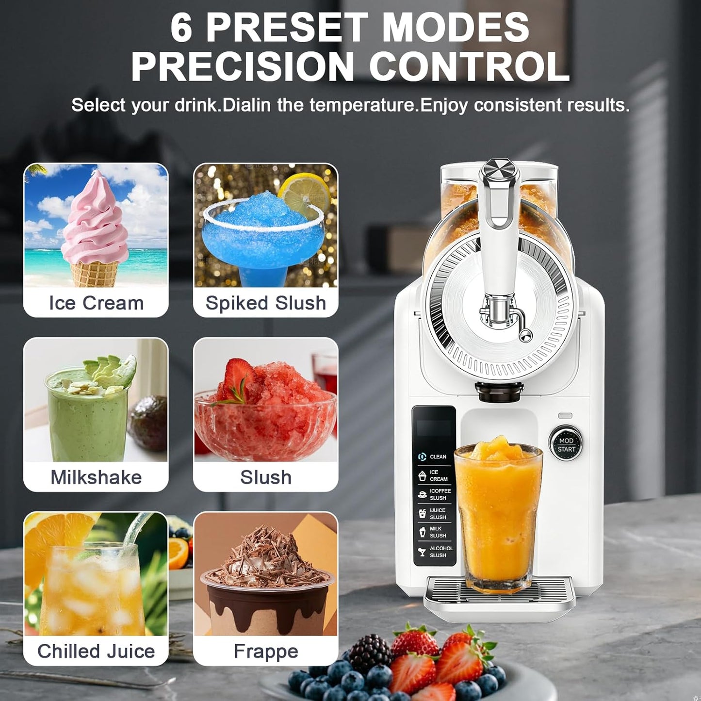 Slushie Machine for Home, No Ice Needed Slushy Machine & Frozen Drink Machine, 6 Presets, Real-Time Temp Display, Auto-Clean Slushy Maker Machine for Margaritas, Frappes, Milkshakes, Party Size(White)