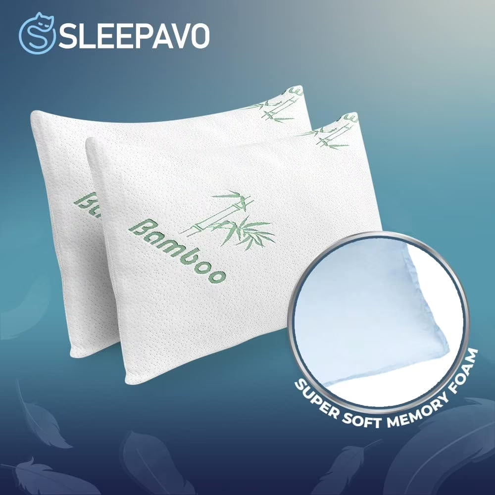 Memory Foam Pillows Queen Size Set of 2 - Cooling Bed Pillows for Sleeping - Back, Stomach, Side Sleeper Firm, Comfy Cool Shredded - 2 Pack, Rayon Derived from Bamboo for Adult, Teen, Kids