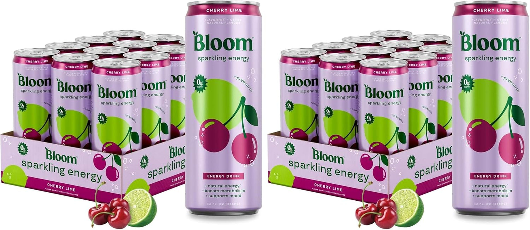 Bloom Nutrition Sparkling Energy Drink for Focus, Natural Caffeine, Zero Sugar, 180Mg Caffeine, Antioxidant-Rich with Green Coffee Bean, Green Tea Extract, & Prebiotics, Cherry Lime 12Oz (Pack of 24)