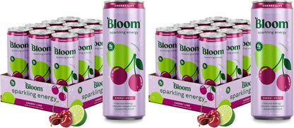 Bloom Nutrition Sparkling Energy Drink for Focus, Natural Caffeine, Zero Sugar, 180Mg Caffeine, Antioxidant-Rich with Green Coffee Bean, Green Tea Extract, & Prebiotics, Cherry Lime 12Oz (Pack of 24)