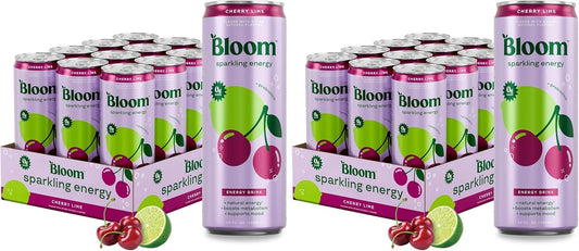 Bloom Nutrition Sparkling Energy Drink for Focus, Natural Caffeine, Zero Sugar, 180Mg Caffeine, Antioxidant-Rich with Green Coffee Bean, Green Tea Extract, & Prebiotics, Cherry Lime 12Oz (Pack of 24)