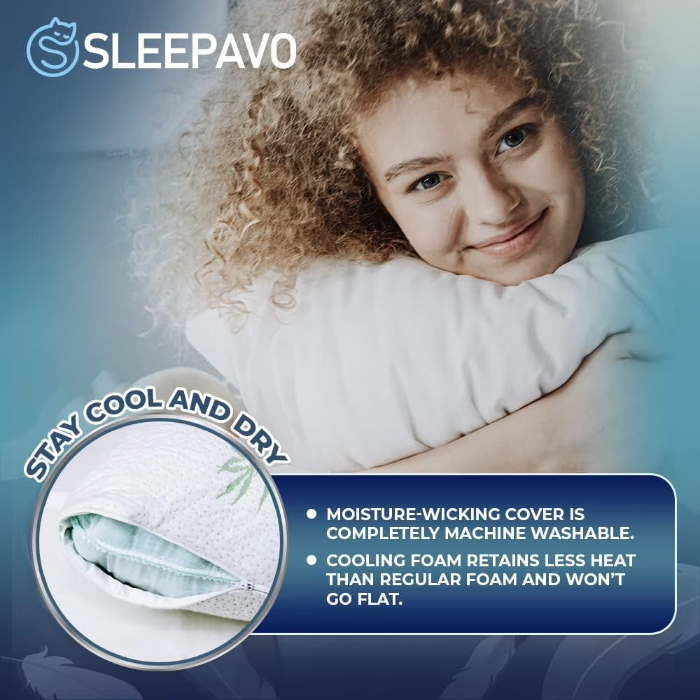 Memory Foam Pillows Queen Size Set of 2 - Cooling Bed Pillows for Sleeping - Back, Stomach, Side Sleeper Firm, Comfy Cool Shredded - 2 Pack, Rayon Derived from Bamboo for Adult, Teen, Kids